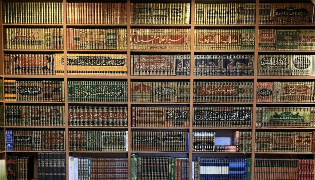 Bibliothèque de livres islamiques en arabe et en français illustrant la transmission du savoir