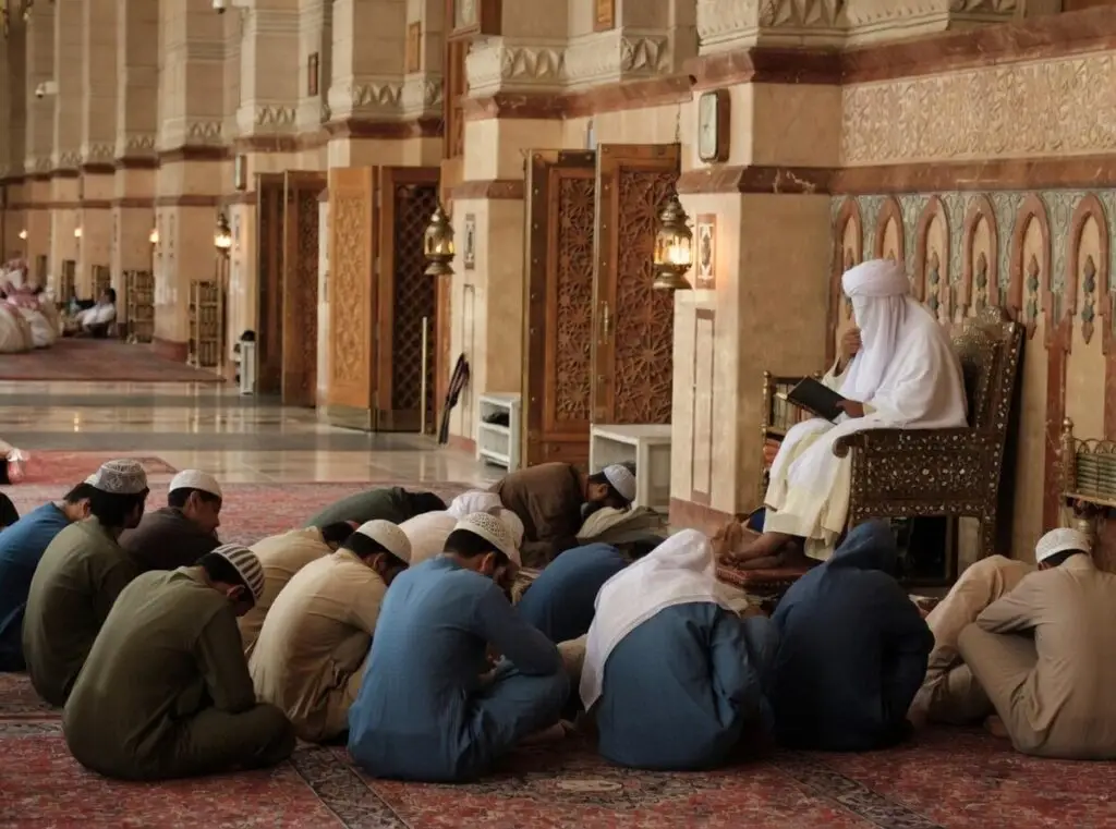 enseignement islamique dans une mosquée avec un savant et ses élèves illustrant la transmission du savoir islamique