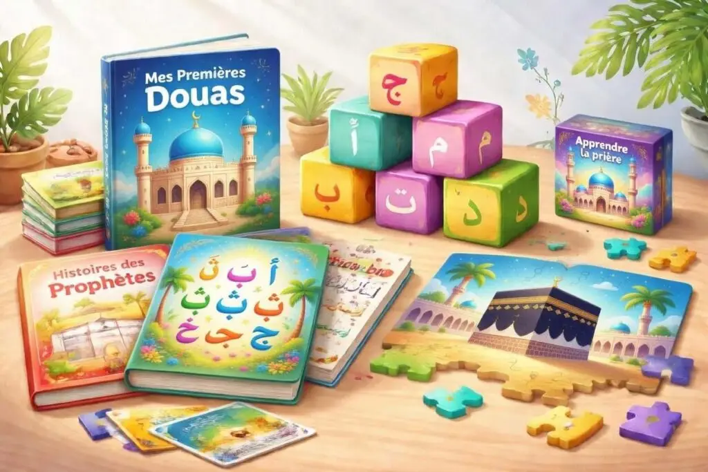 Livres islamiques pour enfants avec apprentissage de l’arabe, douas et prière dans un univers éducatif coloré