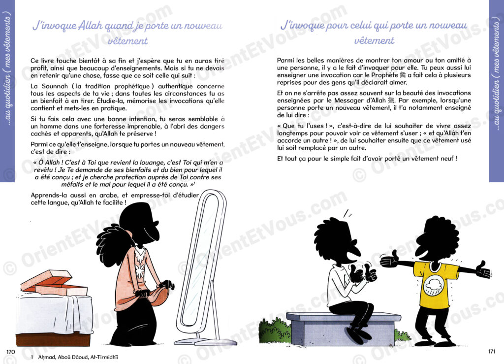 Pages intérieures illustrées du guide 100 Bonnes manières en Islam, chapitre sur les vêtements